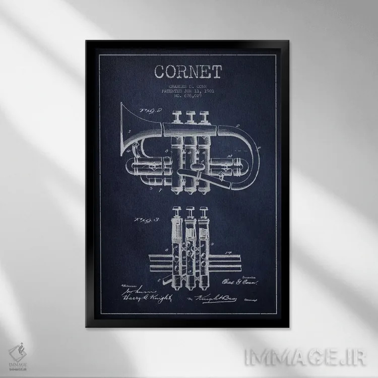 تابلو طرح ثبت اختراع کورنت (آبی نفتی) اثر پیکسل کهنه (استودیو/نام هنری) - نمای قابدار مشکی