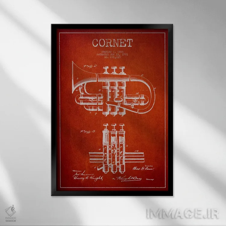 تابلو طرح ثبت اختراع کورنت (قرمز) اثر پیکسل کهنه (استودیو/نام هنری) - نمای قابدار مشکی