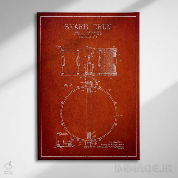 تابلو طرح ثبت اختراع درام (قرمز) اثر پیکسل کهنه (استودیو/نام هنری) - نمای روبهرو روی دیوار