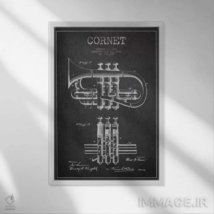 تابلو طرح ثبت اختراع کورنت (زغالی) اثر پیکسل کهنه (استودیو/نام هنری) - نمای قابدار سفید