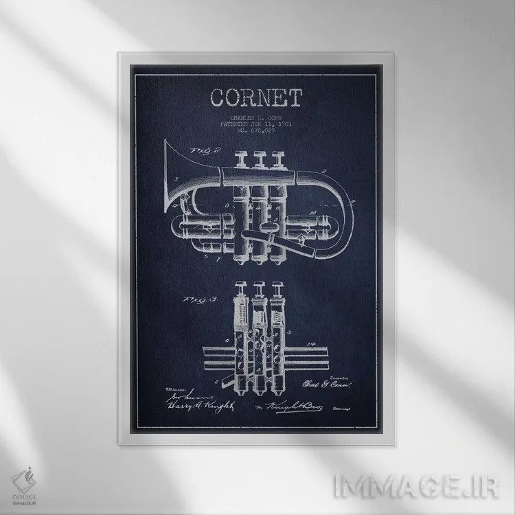 تابلو طرح ثبت اختراع کورنت (آبی نفتی) اثر پیکسل کهنه (استودیو/نام هنری) - نمای قابدار سفید