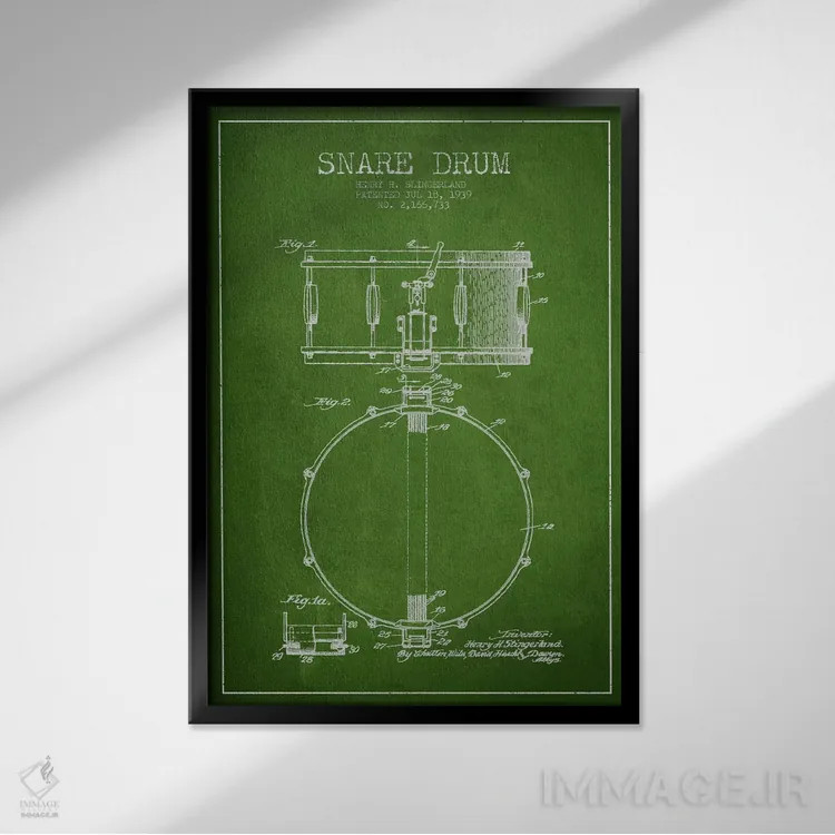 تابلو طرح ثبت اختراع درام (سبز) اثر پیکسل کهنه (استودیو/نام هنری) - نمای قابدار مشکی