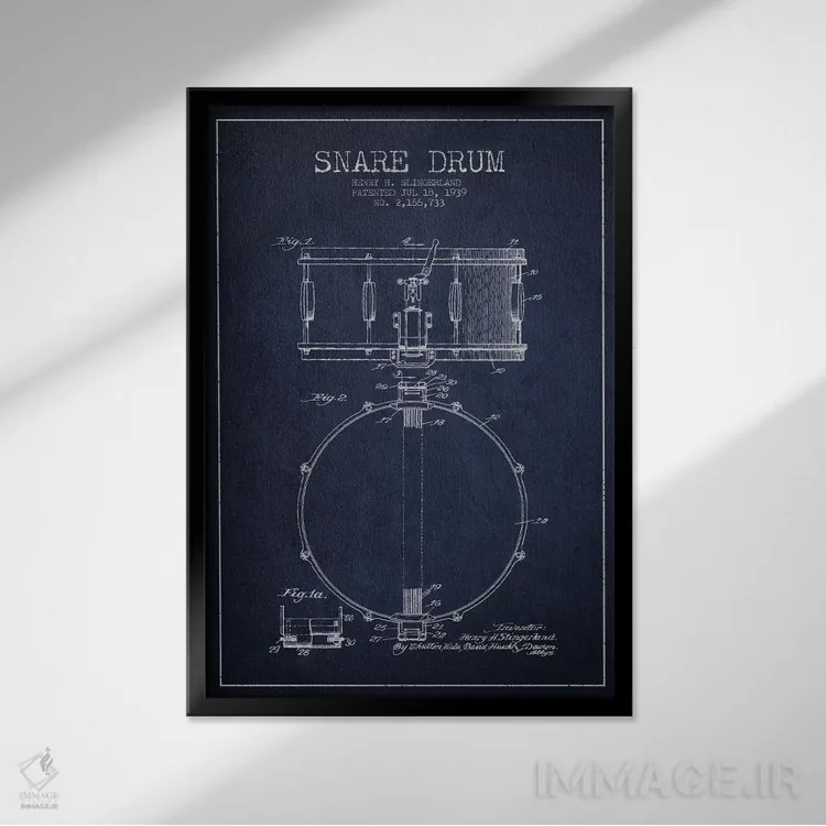تابلو طرح ثبت اختراع درام (آبی نفتی) اثر پیکسل کهنه (استودیو/نام هنری) - نمای قابدار مشکی