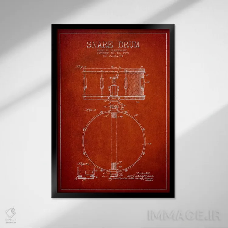 تابلو طرح ثبت اختراع درام (قرمز) اثر پیکسل کهنه (استودیو/نام هنری) - نمای قابدار مشکی