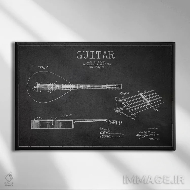تابلو طرح ثبت اختراع گیتار (زغالی) اثر پیکسل کهنه (استودیو/نام هنری) - نمای روبهرو روی دیوار