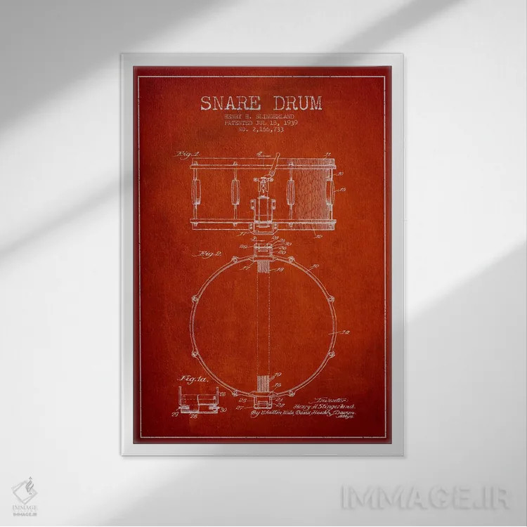 تابلو طرح ثبت اختراع درام (قرمز) اثر پیکسل کهنه (استودیو/نام هنری) - نمای قابدار سفید