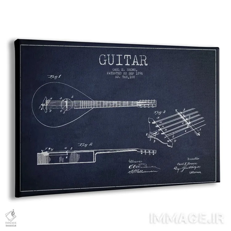 تابلو طرح ثبت اختراع گیتار (آبی نفتی) اثر پیکسل کهنه (استودیو/نام هنری) - نمای پرسپکتیو محصول