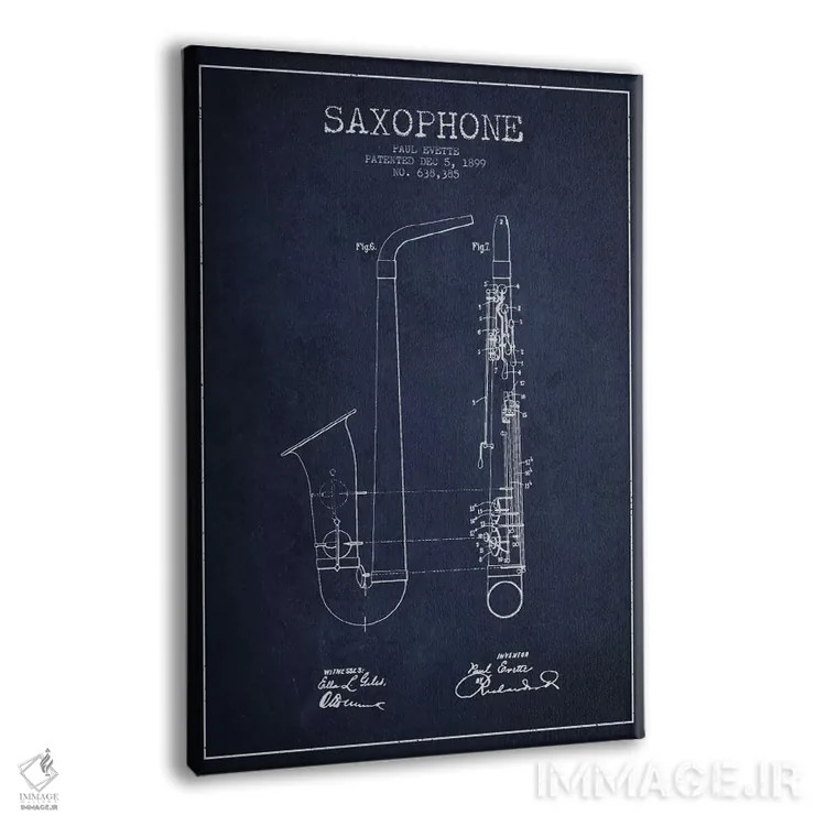 تابلو طرح ثبت اختراع ساکسوفون (آبی نفتی) اثر پیکسل کهنه (استودیو/نام هنری) - نمای پرسپکتیو محصول