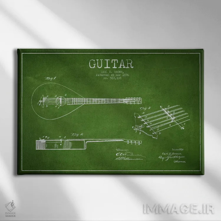 تابلو طرح ثبت اختراع گیتار (سبز) اثر پیکسل کهنه (استودیو/نام هنری) - نمای روبهرو روی دیوار