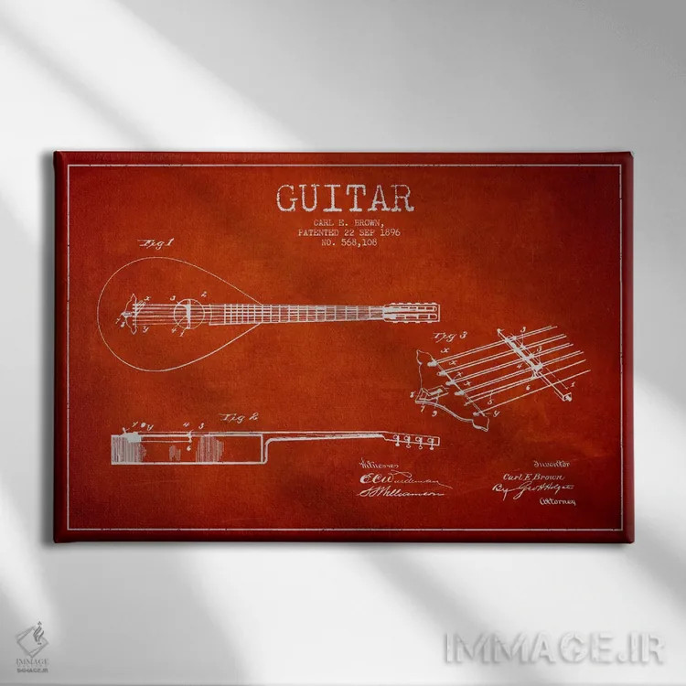 تابلو طرح ثبت اختراع گیتار (قرمز) اثر پیکسل کهنه (استودیو/نام هنری) - نمای روبهرو روی دیوار