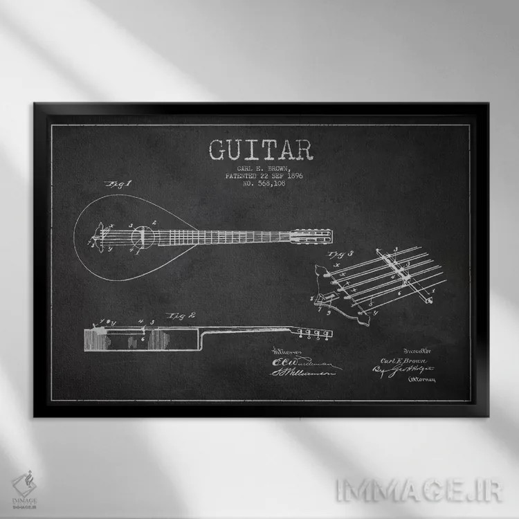 تابلو طرح ثبت اختراع گیتار (زغالی) اثر پیکسل کهنه (استودیو/نام هنری) - نمای قابدار مشکی