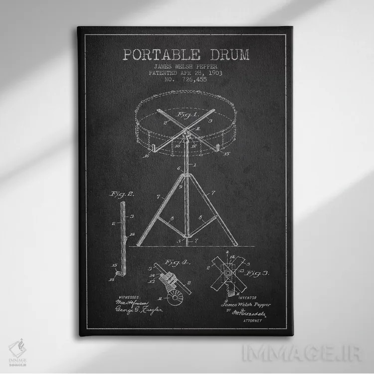 تابلو طرح ثبت اختراع درام (زغالی) اثر پیکسل کهنه (استودیو/نام هنری) - نمای روبهرو روی دیوار