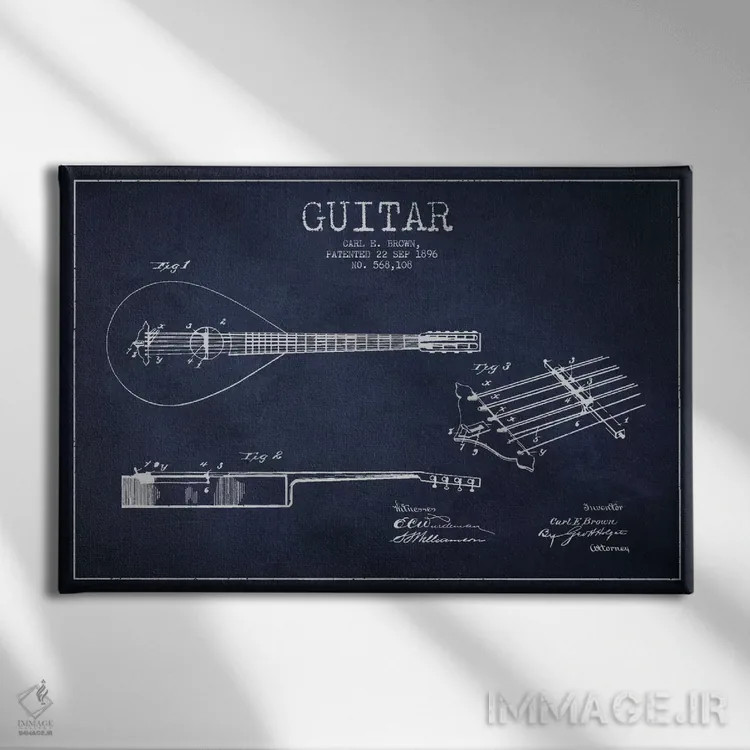 تابلو طرح ثبت اختراع گیتار (آبی نفتی) اثر پیکسل کهنه (استودیو/نام هنری) - نمای روبهرو روی دیوار