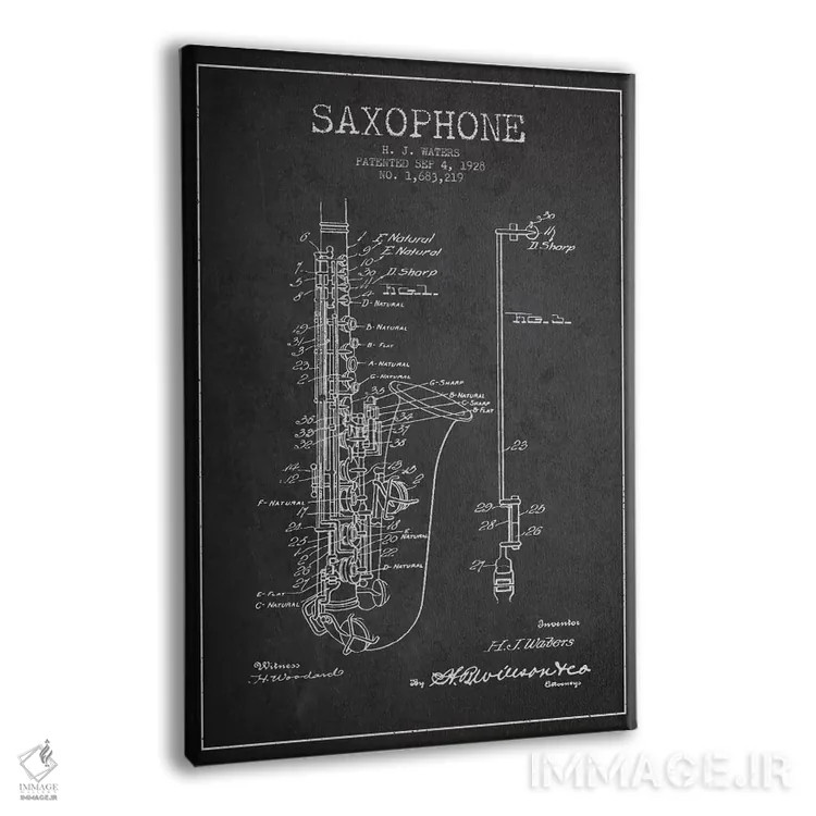 تابلو طرح ثبت اختراع ساکسوفون (زغالی) اثر پیکسل کهنه (استودیو/نام هنری) - نمای پرسپکتیو محصول