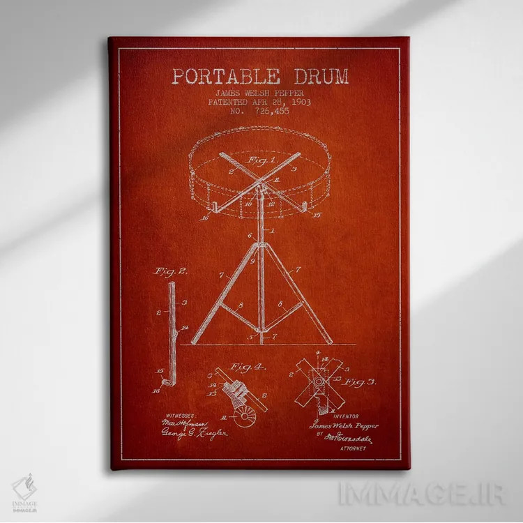 تابلو طرح ثبت اختراع درام (قرمز) اثر پیکسل کهنه (استودیو/نام هنری) - نمای روبهرو روی دیوار
