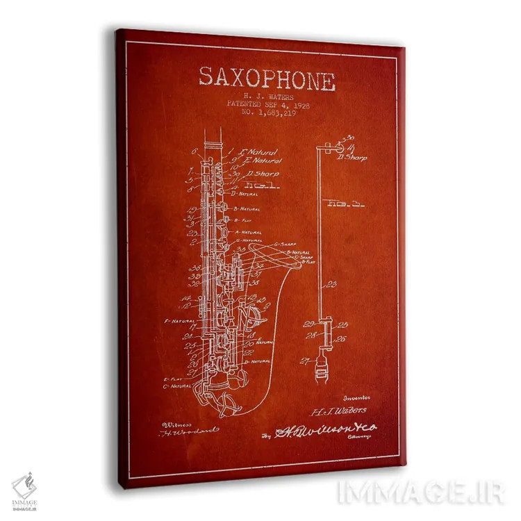 تابلو طرح ثبت اختراع ساکسوفون (قرمز) اثر پیکسل کهنه (استودیو/نام هنری) - نمای پرسپکتیو محصول
