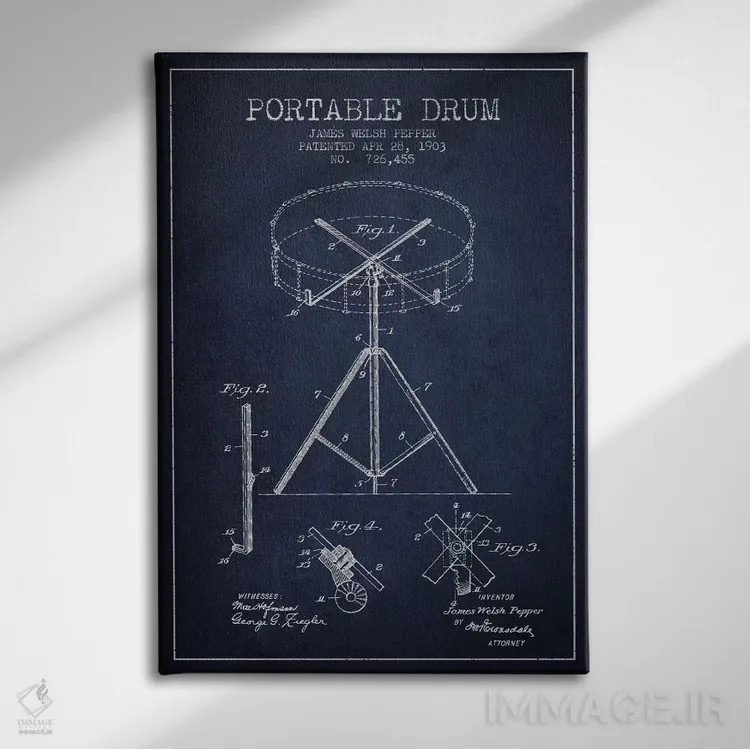 تابلو طرح ثبت اختراع درام (آبی نفتی) اثر پیکسل کهنه (استودیو/نام هنری) - نمای روبهرو روی دیوار