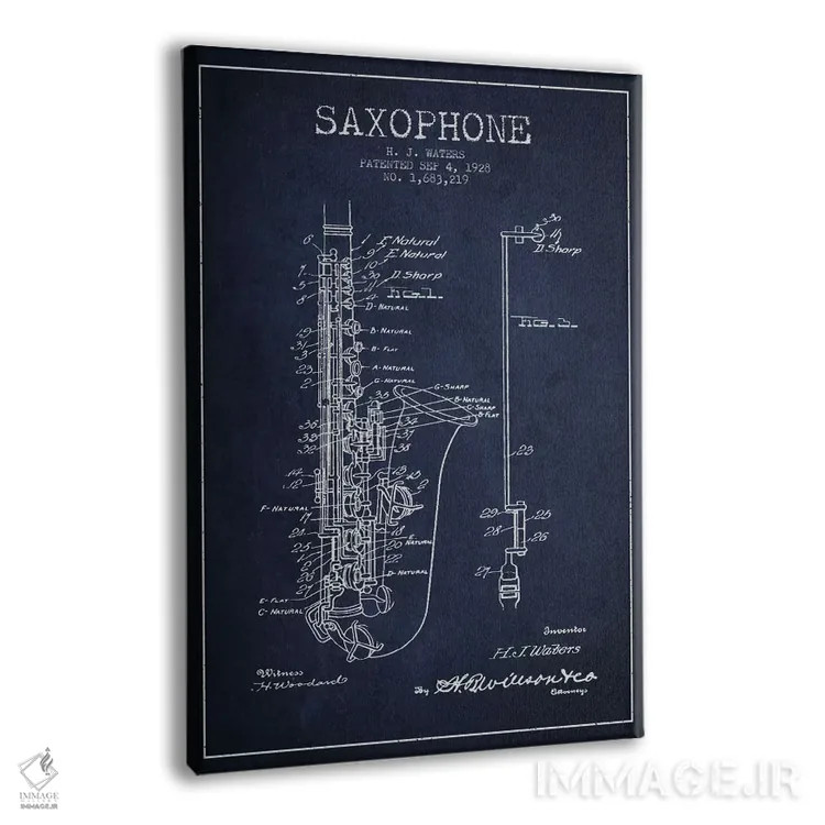 تابلو طرح ثبت اختراع ساکسوفون (آبی نفتی) اثر پیکسل کهنه (استودیو/نام هنری) - نمای پرسپکتیو محصول