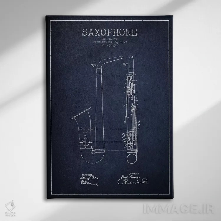 تابلو طرح ثبت اختراع ساکسوفون (آبی نفتی) اثر پیکسل کهنه (استودیو/نام هنری) - نمای روبهرو روی دیوار