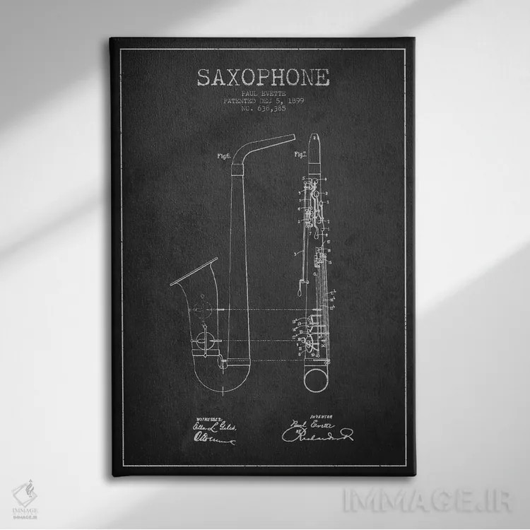 تابلو طرح ثبت اختراع ساکسوفون (زغالی) اثر پیکسل کهنه (استودیو/نام هنری) - نمای روبهرو روی دیوار