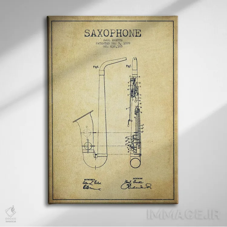 تابلو طرح ثبت اختراع ساکسوفون (کهنه) اثر پیکسل کهنه (استودیو/نام هنری) - نمای روبهرو روی دیوار