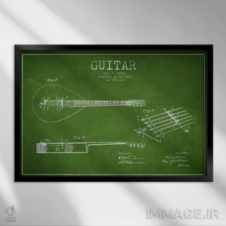 تابلو طرح ثبت اختراع گیتار (سبز) اثر پیکسل کهنه (استودیو/نام هنری) - نمای قابدار مشکی