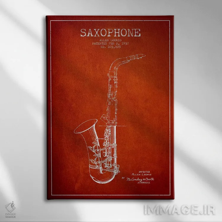 تابلو طرح ثبت اختراع ساکسوفون (قرمز) اثر پیکسل کهنه (استودیو/نام هنری) - نمای روبهرو روی دیوار