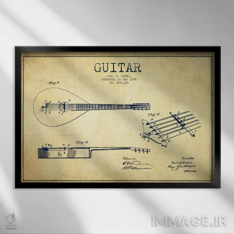 تابلو طرح ثبت اختراع گیتار (کهنه) اثر پیکسل کهنه (استودیو/نام هنری) - نمای قابدار مشکی