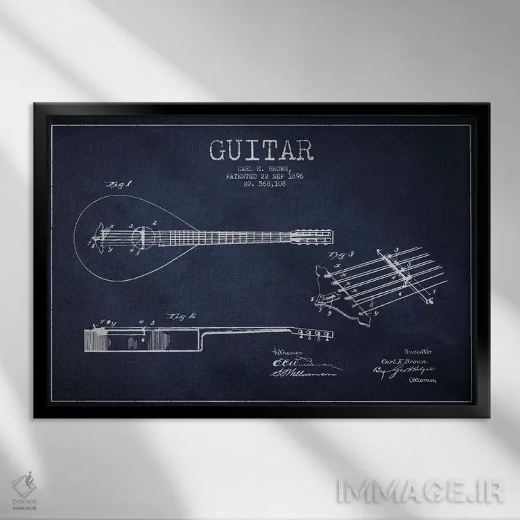 تابلو طرح ثبت اختراع گیتار (آبی نفتی) اثر پیکسل کهنه (استودیو/نام هنری) - نمای قابدار مشکی