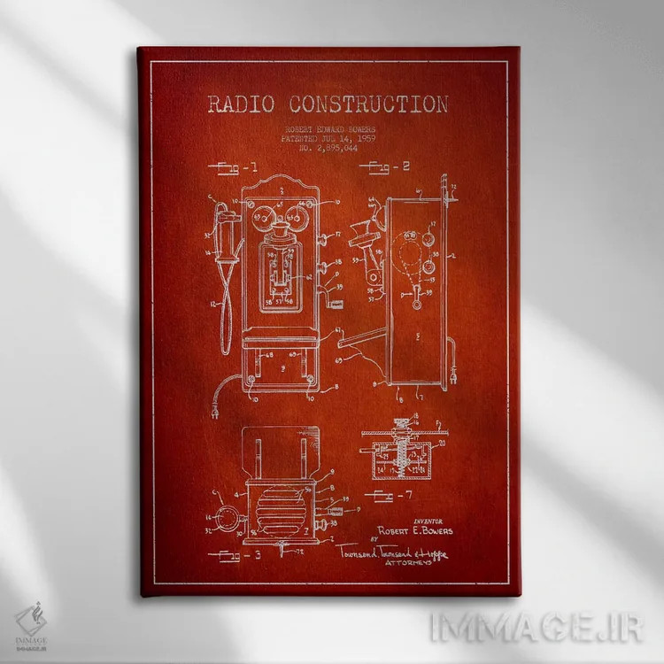 تابلو طرح ثبت اختراع رادیو بائرز (قرمز) اثر پیکسل کهنه (استودیو/نام هنری) - نمای روبهرو روی دیوار