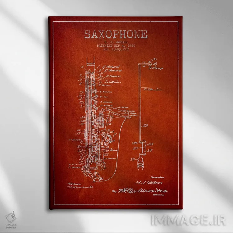 تابلو طرح ثبت اختراع ساکسوفون (قرمز) اثر پیکسل کهنه (استودیو/نام هنری) - نمای روبهرو روی دیوار