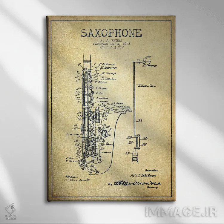 تابلو طرح ثبت اختراع ساکسوفون (کهنه) اثر پیکسل کهنه (استودیو/نام هنری) - نمای روبهرو روی دیوار