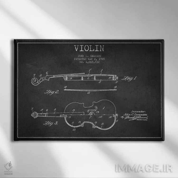 تابلو طرح ثبت اختراع ویولن (زغالی) اثر پیکسل کهنه (استودیو/نام هنری) - نمای روبهرو روی دیوار
