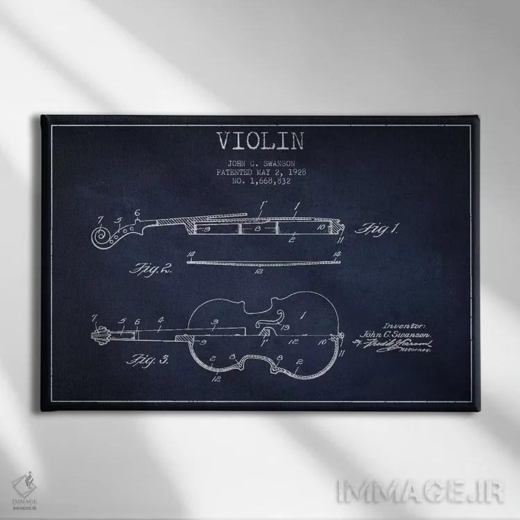 تابلو طرح ثبت اختراع ویولن (آبی نفتی) اثر پیکسل کهنه (استودیو/نام هنری) - نمای روبهرو روی دیوار
