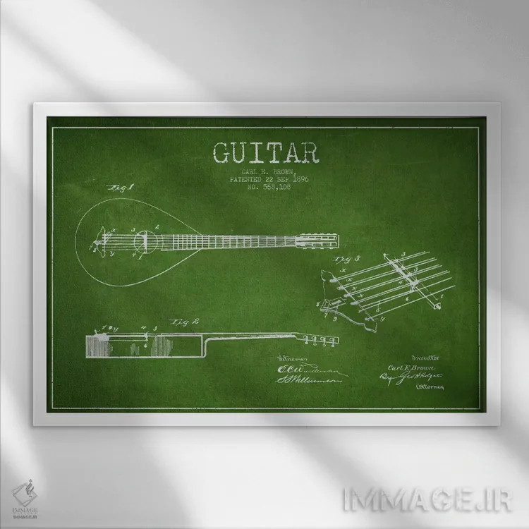 تابلو طرح ثبت اختراع گیتار (سبز) اثر پیکسل کهنه (استودیو/نام هنری) - نمای قابدار سفید