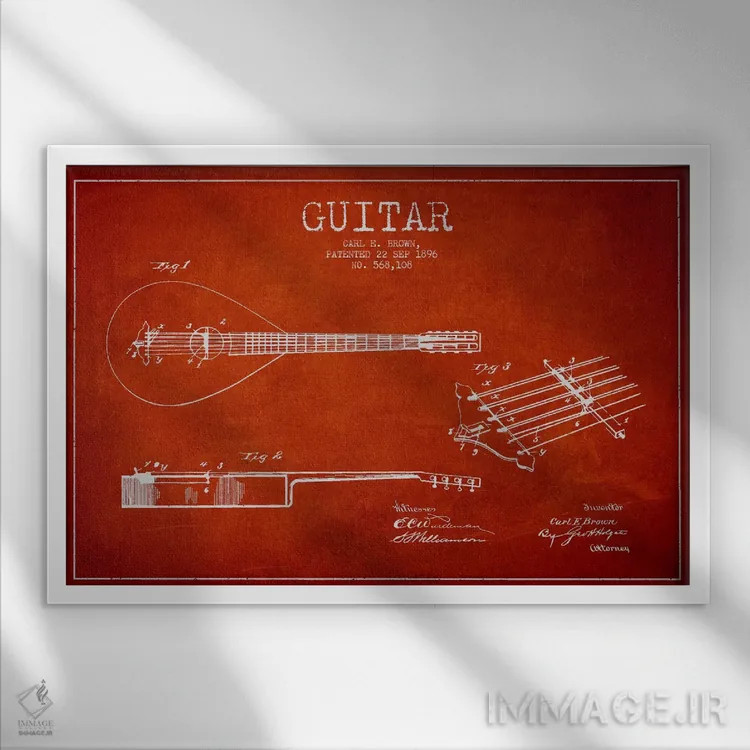 تابلو طرح ثبت اختراع گیتار (قرمز) اثر پیکسل کهنه (استودیو/نام هنری) - نمای قابدار سفید