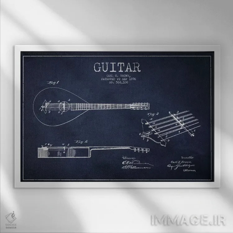 تابلو طرح ثبت اختراع گیتار (آبی نفتی) اثر پیکسل کهنه (استودیو/نام هنری) - نمای قابدار سفید