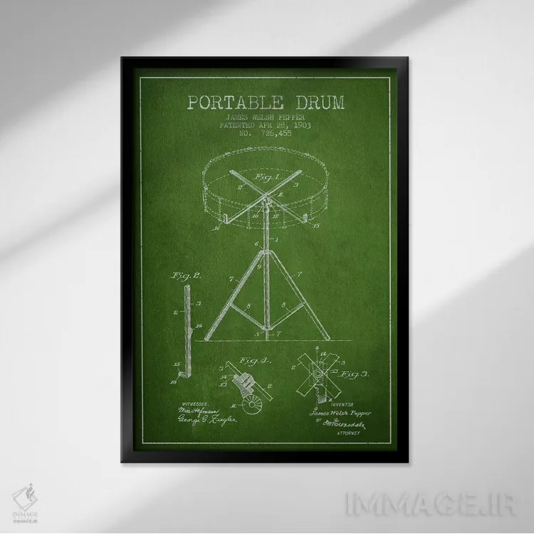 تابلو طرح ثبت اختراع درام (سبز) اثر پیکسل کهنه (استودیو/نام هنری) - نمای قابدار مشکی