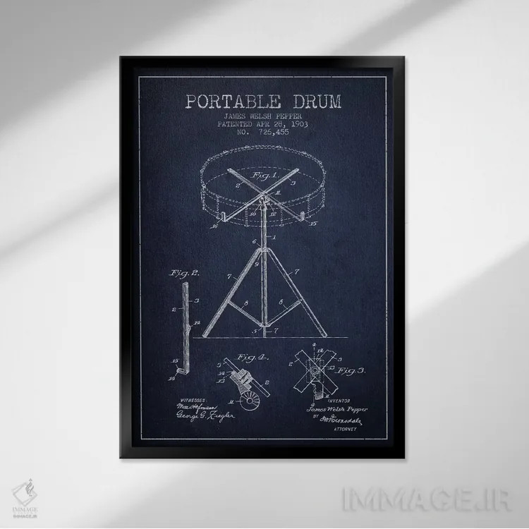 تابلو طرح ثبت اختراع درام (آبی نفتی) اثر پیکسل کهنه (استودیو/نام هنری) - نمای قابدار مشکی