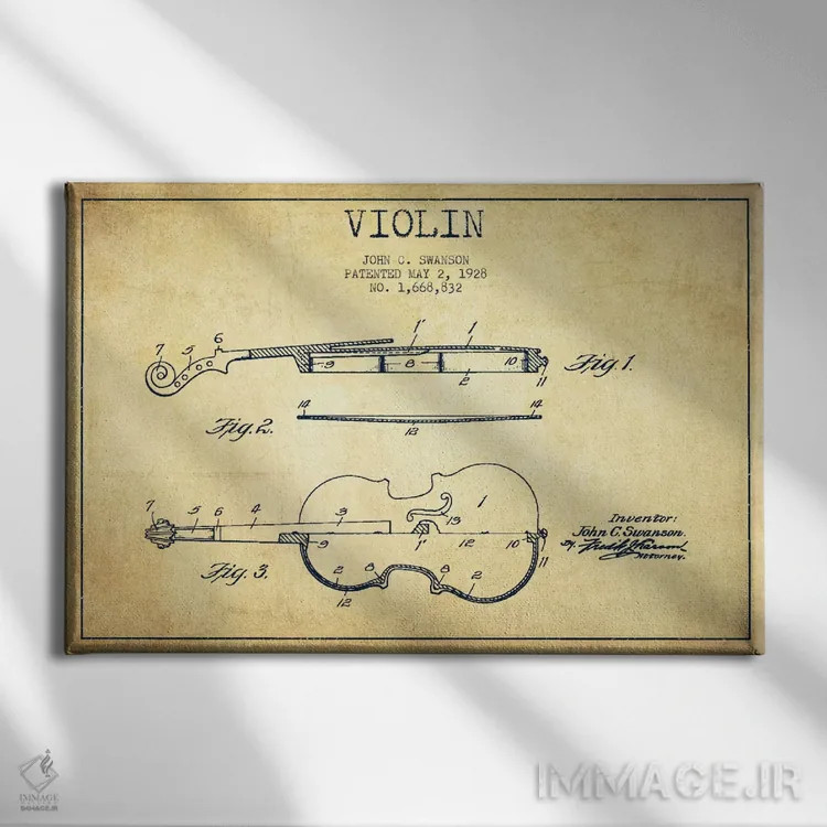 تابلو طرح ثبت اختراع ویولن (کهنه) اثر پیکسل کهنه (استودیو/نام هنری) - نمای روبهرو روی دیوار