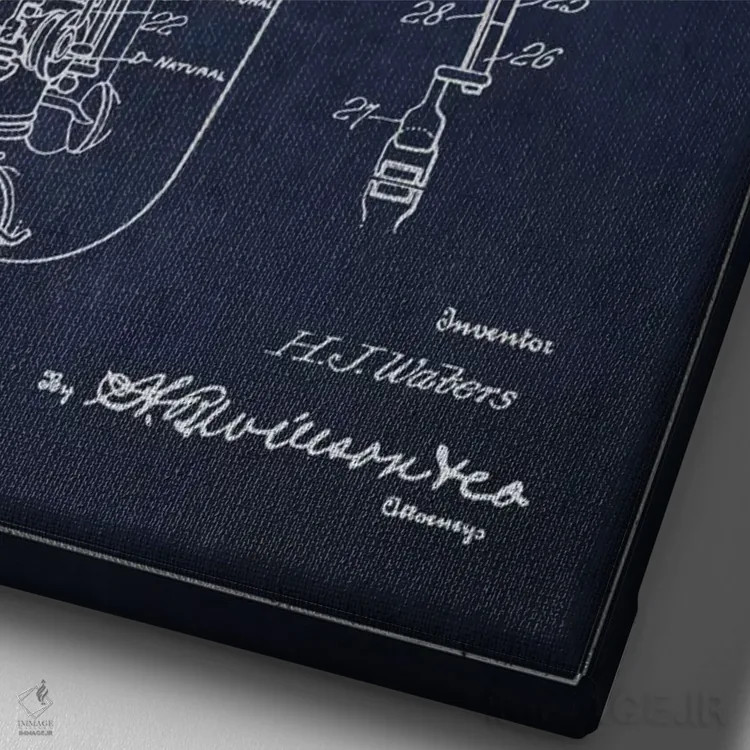 تابلو طرح ثبت اختراع ساکسوفون (آبی نفتی) اثر پیکسل کهنه (استودیو/نام هنری) - نمای نزدیک بافت بوم