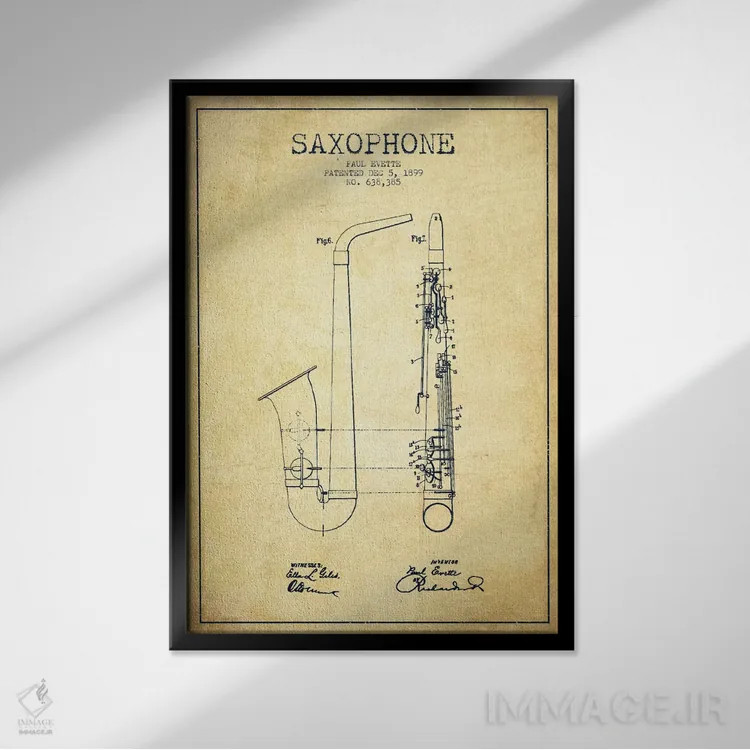 تابلو طرح ثبت اختراع ساکسوفون (کهنه) اثر پیکسل کهنه (استودیو/نام هنری) - نمای قابدار مشکی