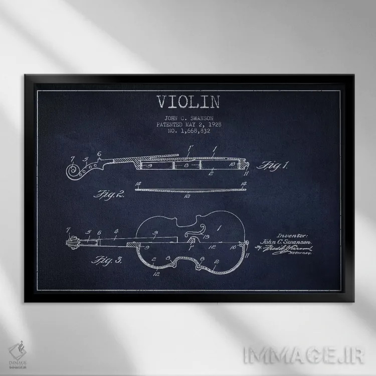 تابلو طرح ثبت اختراع ویولن (آبی نفتی) اثر پیکسل کهنه (استودیو/نام هنری) - نمای قابدار مشکی