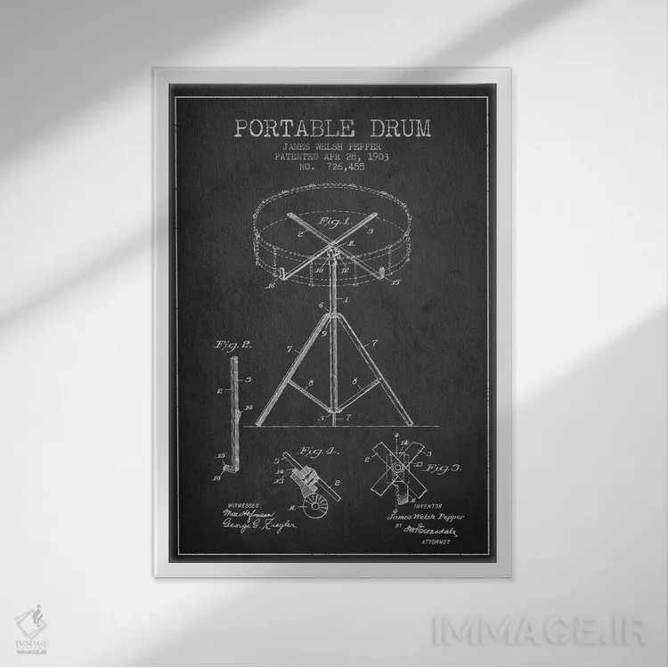 تابلو طرح ثبت اختراع درام (زغالی) اثر پیکسل کهنه (استودیو/نام هنری) - نمای قابدار سفید