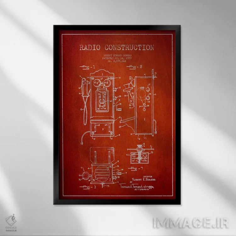 تابلو طرح ثبت اختراع رادیو بائرز (قرمز) اثر پیکسل کهنه (استودیو/نام هنری) - نمای قابدار مشکی