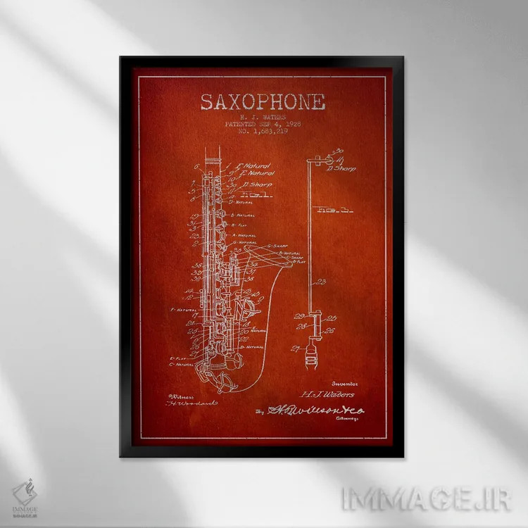 تابلو طرح ثبت اختراع ساکسوفون (قرمز) اثر پیکسل کهنه (استودیو/نام هنری) - نمای قابدار مشکی