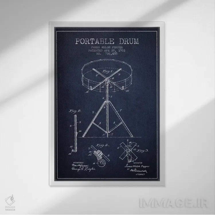 تابلو طرح ثبت اختراع درام (آبی نفتی) اثر پیکسل کهنه (استودیو/نام هنری) - نمای قابدار سفید