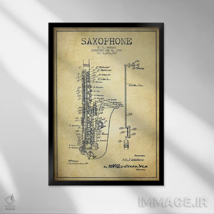 تابلو طرح ثبت اختراع ساکسوفون (کهنه) اثر پیکسل کهنه (استودیو/نام هنری) - نمای قابدار مشکی