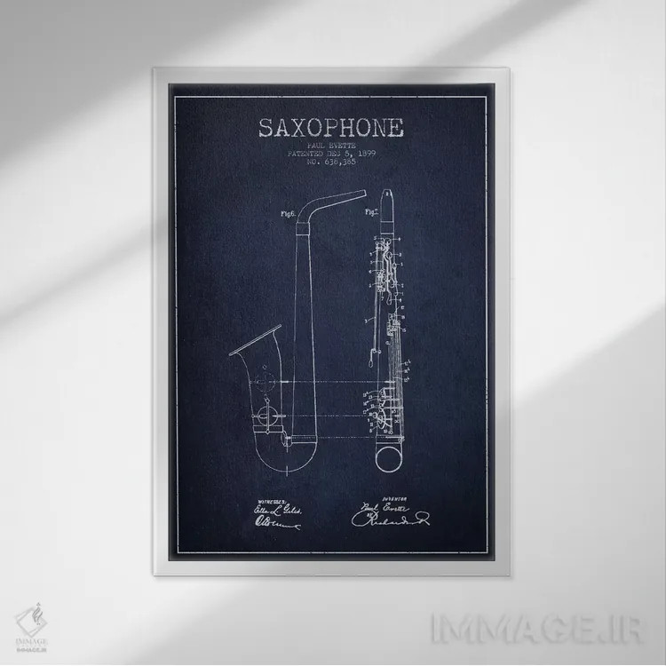 تابلو طرح ثبت اختراع ساکسوفون (آبی نفتی) اثر پیکسل کهنه (استودیو/نام هنری) - نمای قابدار سفید