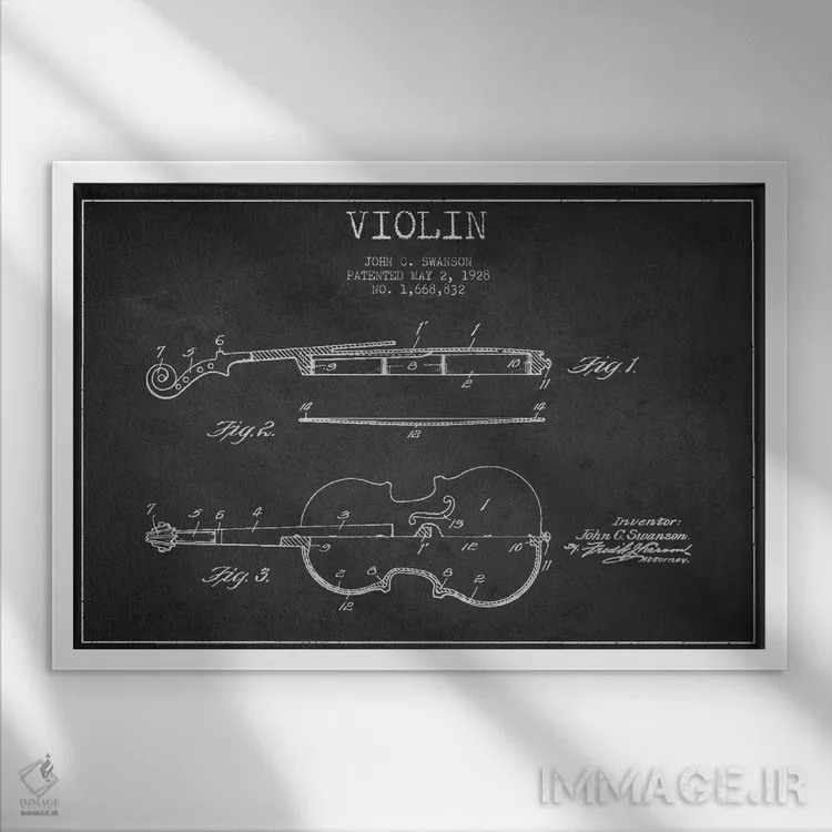 تابلو طرح ثبت اختراع ویولن (زغالی) اثر پیکسل کهنه (استودیو/نام هنری) - نمای قابدار سفید